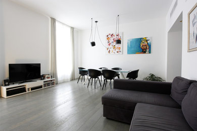 Ispirazione per un soggiorno contemporaneo di medie dimensioni con pareti bianche, pavimento in legno verniciato e pavimento grigio