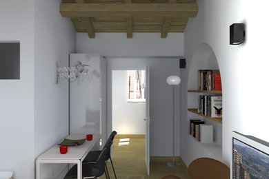 Idee per un soggiorno minimal stile loft con pareti bianche e pavimento in legno massello medio