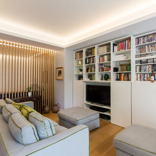 Immagine di un soggiorno design con pareti grigie e parquet chiaro