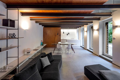 Esempio di un grande soggiorno minimal aperto con pareti bianche, pavimento in gres porcellanato e pavimento grigio