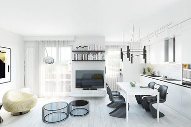Foto di un soggiorno minimal aperto e di medie dimensioni con pareti grigie, parquet chiaro e pavimento bianco