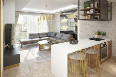 Ispirazione per un soggiorno design di medie dimensioni e aperto con angolo bar, parquet chiaro, pavimento beige, pareti beige e parete attrezzata