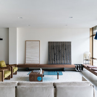 Esempio di un soggiorno design chiuso con sala formale, pareti bianche, pavimento in cemento e pavimento grigio