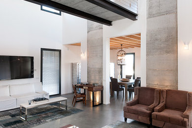 Идея дизайна: огромная открытая гостиная комната в стиле лофт с белыми стенами, бетонным полом и серым полом