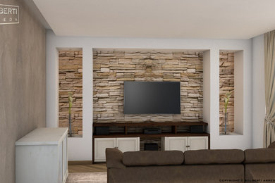 Idee per un soggiorno design di medie dimensioni e chiuso con pareti multicolore e TV a parete