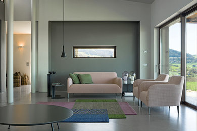 Ispirazione per un soggiorno minimalista aperto e di medie dimensioni con pareti grigie, pavimento in cemento e pavimento grigio