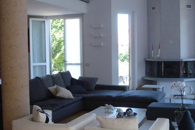 Ispirazione per un grande soggiorno minimalista con pareti bianche, parquet chiaro, camino classico e cornice del camino in intonaco