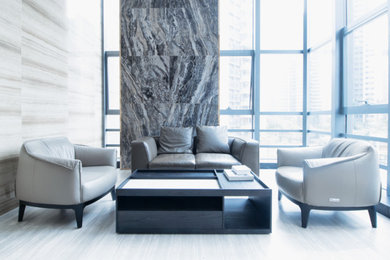 Idee per un grande soggiorno contemporaneo aperto con angolo bar, pareti bianche e pavimento in marmo