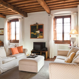 Immagine di un soggiorno mediterraneo di medie dimensioni e chiuso con pareti bianche, pavimento in terracotta, TV autoportante, pavimento arancione e travi a vista