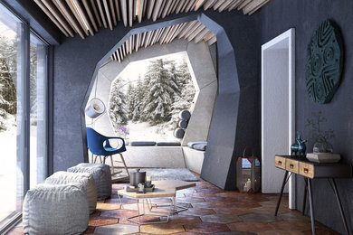 Idée de décoration pour une salle de séjour méditerranéenne de taille moyenne et fermée avec un sol en carrelage de porcelaine et un sol beige.