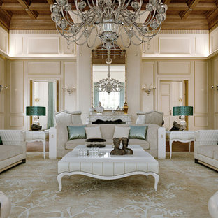 Foto di un soggiorno classico aperto con sala formale, pareti beige e camino classico