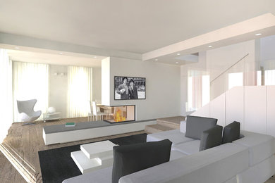 Imagen de salón abierto contemporáneo grande con paredes blancas, suelo de madera clara, chimenea de doble cara, marco de chimenea de yeso, televisor colgado en la pared y suelo marrón