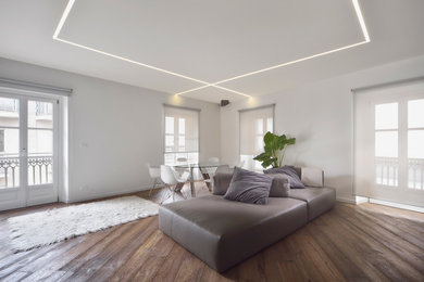 Modelo de salón contemporáneo con paredes blancas y suelo de madera en tonos medios