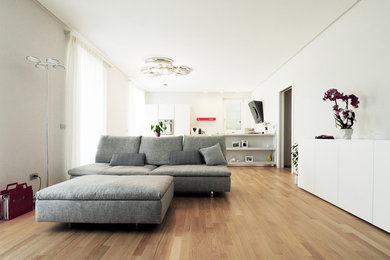 Idee per un soggiorno moderno stile loft con pareti bianche, parquet chiaro, TV a parete e pavimento marrone