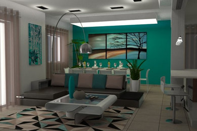 Modelo de salón abierto moderno de tamaño medio sin chimenea con paredes multicolor, suelo de baldosas de cerámica, televisor colgado en la pared y suelo beige