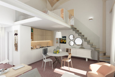 Idee per un ampio soggiorno chic stile loft con pareti bianche, pavimento in marmo, pavimento rosso e soffitto a volta