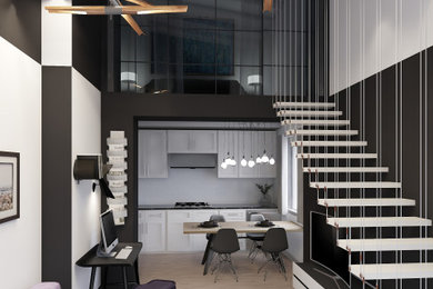 Idee per un soggiorno moderno di medie dimensioni e stile loft con pareti multicolore, parquet chiaro e soffitto in perlinato