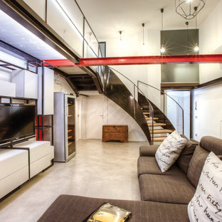 Immagine di un soggiorno industriale di medie dimensioni e stile loft con pareti bianche, pavimento in cemento, TV autoportante e pavimento grigio