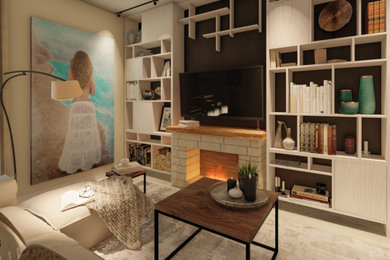 Esempio di un soggiorno design con pareti beige, camino classico e TV a parete