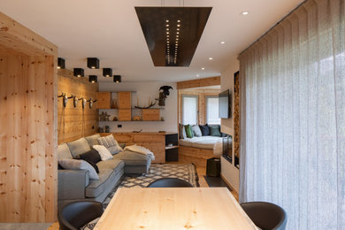 Esempio di un soggiorno rustico aperto con pareti bianche, parquet chiaro, stufa a legna e TV a parete