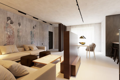 Imagen de salón tipo loft moderno extra grande con paredes multicolor, suelo blanco y papel pintado