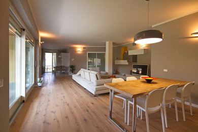 Ejemplo de salón abierto moderno grande sin chimenea con paredes beige, suelo de madera en tonos medios, televisor independiente y suelo marrón