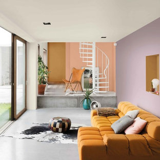 Idee per un soggiorno contemporaneo con pavimento in cemento e pavimento grigio
