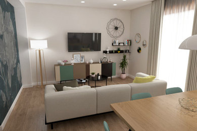 Esempio di un soggiorno minimal di medie dimensioni e chiuso con pavimento in gres porcellanato e TV a parete