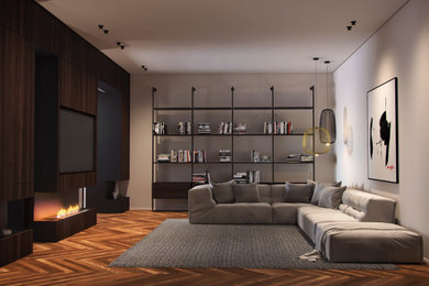 Idee per un soggiorno minimal di medie dimensioni con libreria, pareti bianche, pavimento in legno verniciato, camino lineare Ribbon, cornice del camino in legno e TV a parete