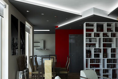 Ispirazione per un soggiorno minimal di medie dimensioni e chiuso con pareti rosse e pavimento in legno verniciato