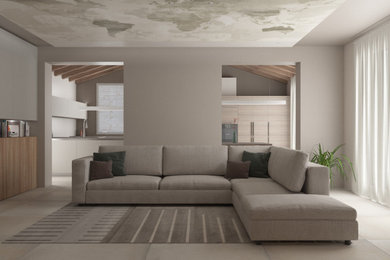 Esempio di un grande soggiorno scandinavo aperto con pareti beige, pavimento in gres porcellanato, TV a parete, pavimento grigio e soffitto in carta da parati