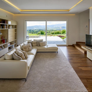 Ispirazione per un soggiorno design chiuso con sala formale, pareti bianche, pavimento in legno massello medio, TV autoportante e pavimento marrone