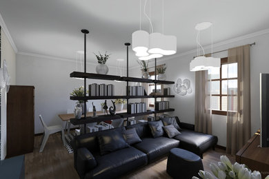 Immagine di un soggiorno minimal di medie dimensioni e aperto con sala formale, parquet scuro e TV autoportante