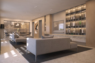 Idee per un grande soggiorno design chiuso con libreria, pavimento in marmo, TV a parete e pavimento grigio