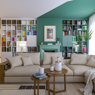Idee per un grande soggiorno minimal aperto con libreria, pareti multicolore, pavimento in marmo, camino classico, parete attrezzata e pavimento multicolore