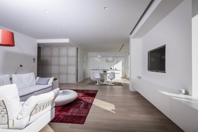 Esempio di un soggiorno moderno con parquet chiaro