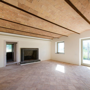 Immagine di un piccolo soggiorno country chiuso con pareti bianche, pavimento in mattoni, camino classico, cornice del camino in pietra, pavimento rosa, soffitto a volta e pannellatura