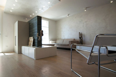Immagine di un ampio soggiorno minimalista aperto con pareti beige, parquet chiaro e soffitto ribassato