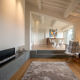 Large contemporary formal open plan living room in Florence with white walls, medium hardwood flooring, a ribbon fireplace and a plastered fireplace surround.