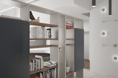 Esempio di un grande soggiorno moderno aperto con libreria, pareti bianche, pavimento in gres porcellanato, TV a parete e pavimento bianco