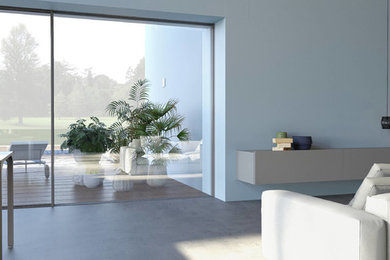 Ispirazione per un soggiorno design chiuso con pareti blu, pavimento in cemento e pavimento blu