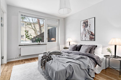 コペンハーゲンにある中くらいな北欧スタイルのおしゃれな主寝室 (白い壁、無垢フローリング、暖炉なし、茶色い床、グレーとブラウン) のレイアウト