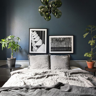 Ejemplo de dormitorio principal, escandinavo, pequeño, sin chimenea, con suelo de madera oscura y paredes azules