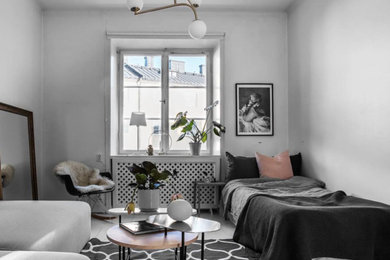 ストックホルムにある小さな北欧スタイルのおしゃれな寝室 (白い壁、塗装フローリング、暖炉なし、白い床)