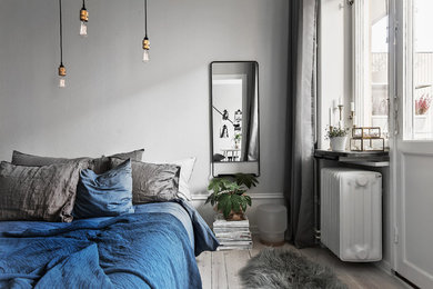 ストックホルムにある中くらいな北欧スタイルのおしゃれな主寝室 (グレーの壁、淡色無垢フローリング、暖炉なし)