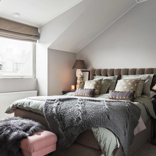Example of a mid-sized transitional master carpeted bedroom design in Stockholm with gray walls