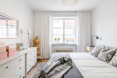 Imagen de dormitorio principal nórdico de tamaño medio con paredes blancas y suelo de madera clara