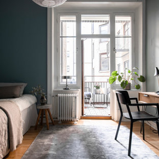 Idéer för ett minimalistiskt sovrum, med blå väggar, mellanmörkt trägolv och brunt golv