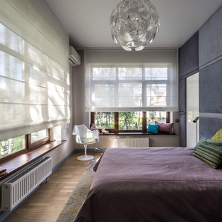 Modelo de dormitorio principal, contemporáneo, con paredes grises y suelo de madera en tonos medios