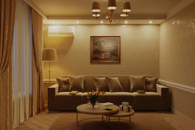Ejemplo de habitación de invitados contemporánea de tamaño medio con paredes blancas, suelo laminado, suelo beige y papel pintado